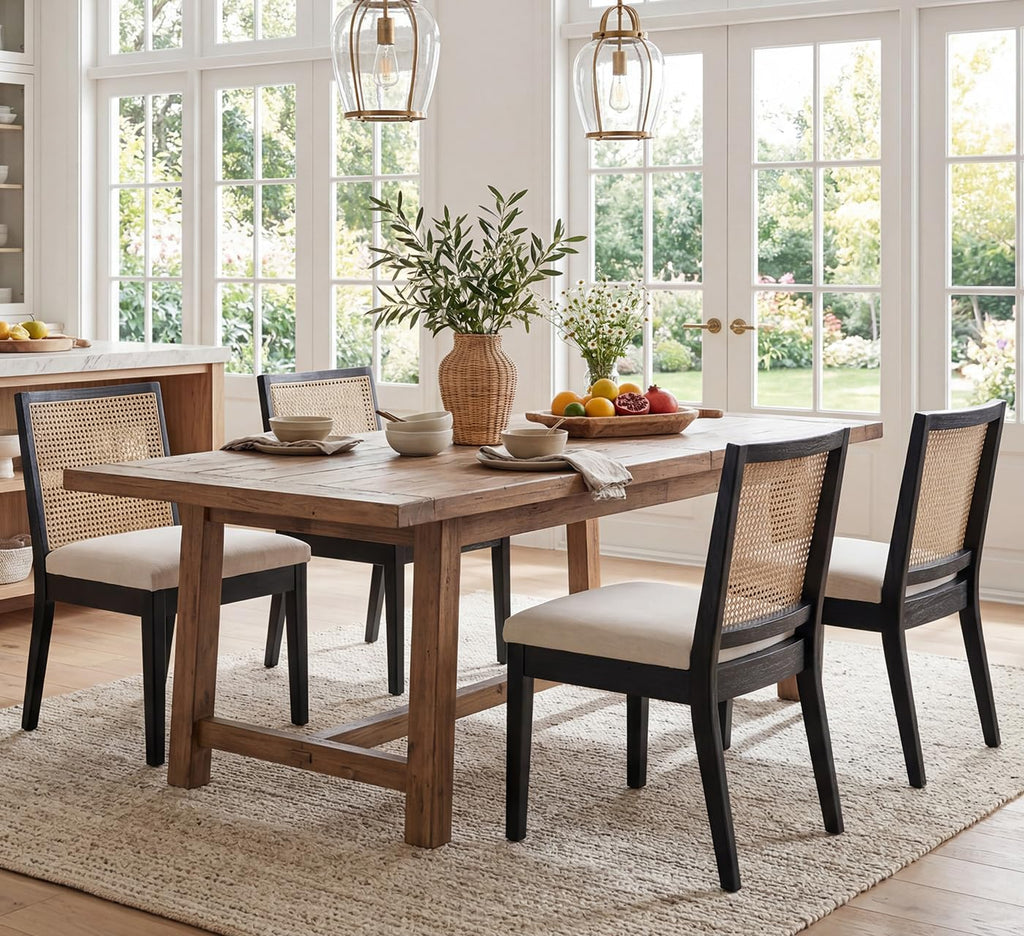 Farmhouse Rattan Dining Chairs Set of 4, Black Solid Hardwood Frame, Upholstered Linen Seat, Ergonomic Cane Back