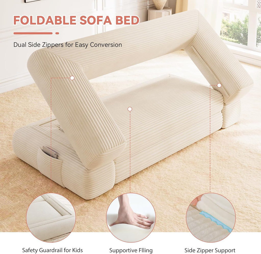 4-in-1 Convertible Folding Sofa Bed, 78"W x 68"L Queen Size Foldable Sleeper Sofa Bed, Wide Corduroy Upholstery