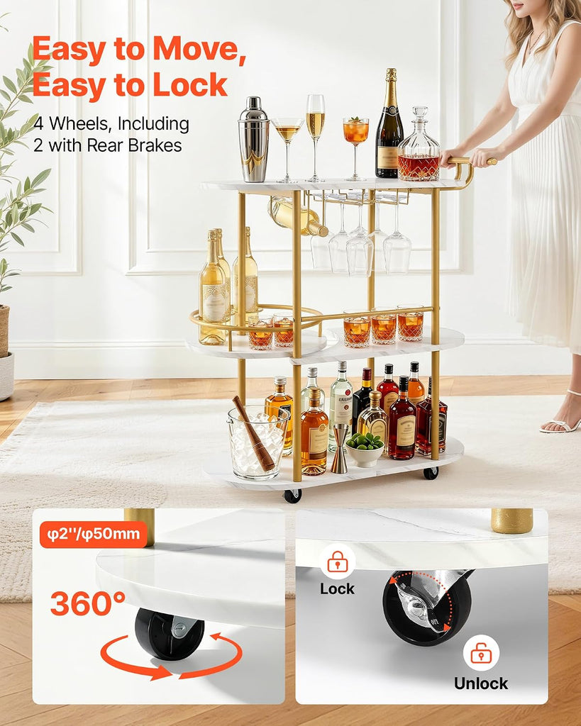 Bar Cart, 3 Tiers Home Kitchen Serving Carts, Modern Round Rolling Utility Station on Wheels, Mobile Drink Beverage
