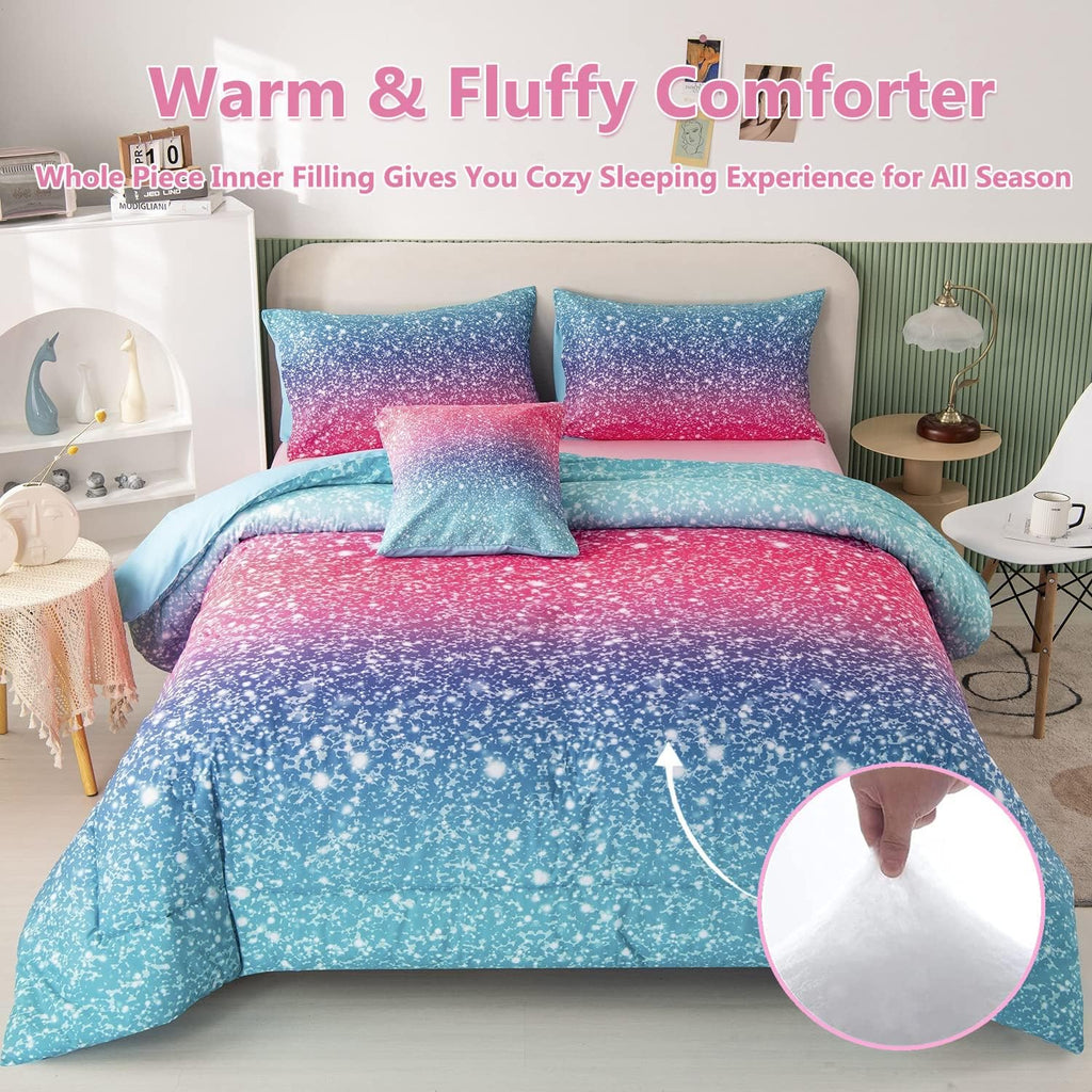 Girls Bedding Set 6 Piece Blue Pink Comforter Set Kids Bed in A Bag Colorful Rainbow Glitter Bed Set Decoration