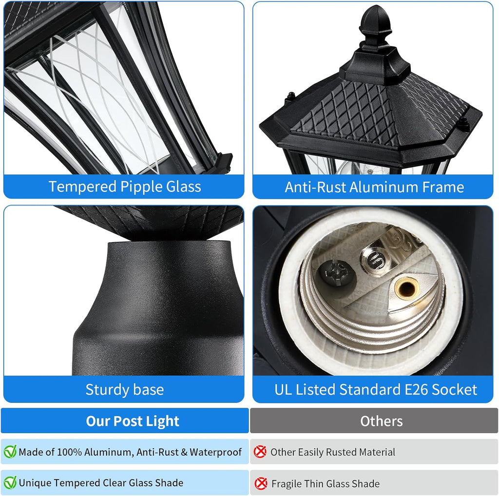 Outdoor Post Lights 2 Pack, 16" Lamp Post Light Fixture, Black Pole Lights Outdoor