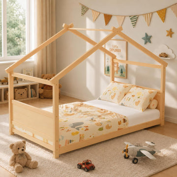 Twin Montessori Floor Bed Frame, Solid Wood Kids House Bed Without Rails, Open Concept Toddler House Bed with