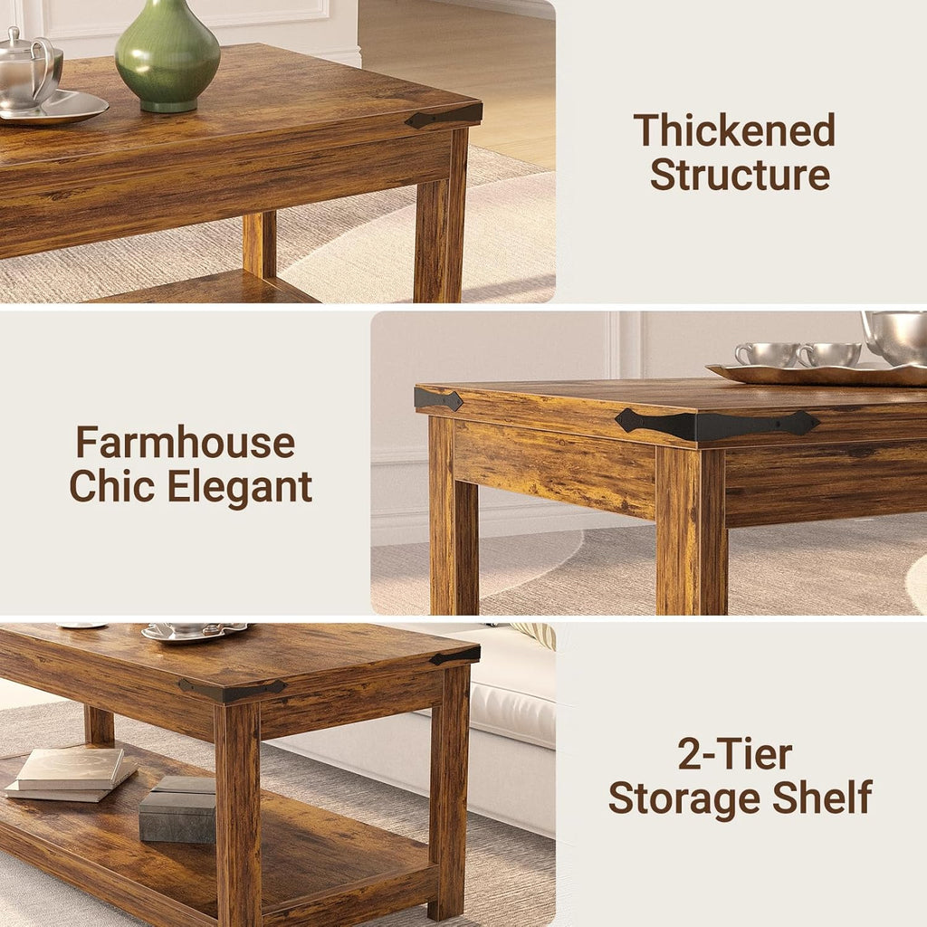 Coffee Table with Storage Shelf, 43.3” Farmhouse Wood Coffee Tables, Modern Center Tea Table, Rustic Brown