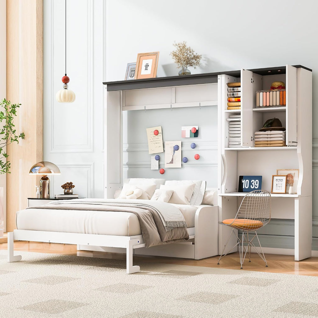 Queen Wood Murphy Bed with Upholstered Sofa & Desk, Multifunctional Foldable Wall Platform Bed for Guest-Room