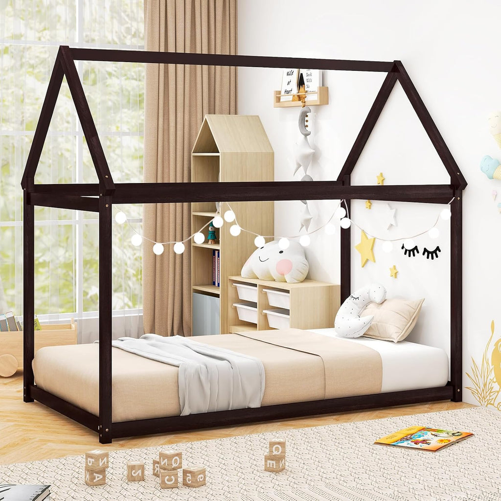 Twin Montessori Bed Frame with House Roof Canopy, Low Floor Bed with Sturdy Wood Slat Support, No Box Spring Needed