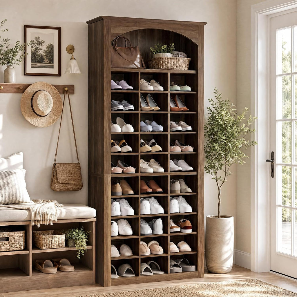 68.7" Tall Shoe Cabinet, 30-Cube Large Capacity Shoe Organizer with Arched Display Shelf, Rustic Entryway Storage for