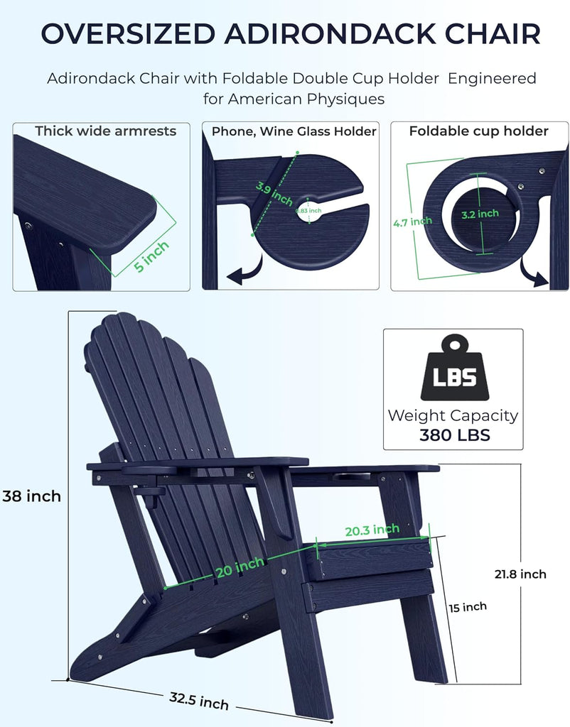 HDPE Folding Adirondack Chairs Set of 2 with Table, Navy | 3-Piece HDPE Patio Furniture Set, All Weather Fire Pit