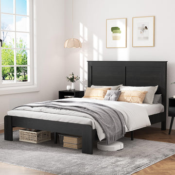 Wood Full Size Bed Frame with Headboard and Footboard, Black