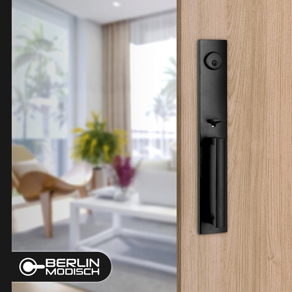 Full Escutcheon HandleSet Front Door Entry Handle and Deadbolt Lock Set Slim Square Single Cylinder Deadbolt and - Door Handleset
