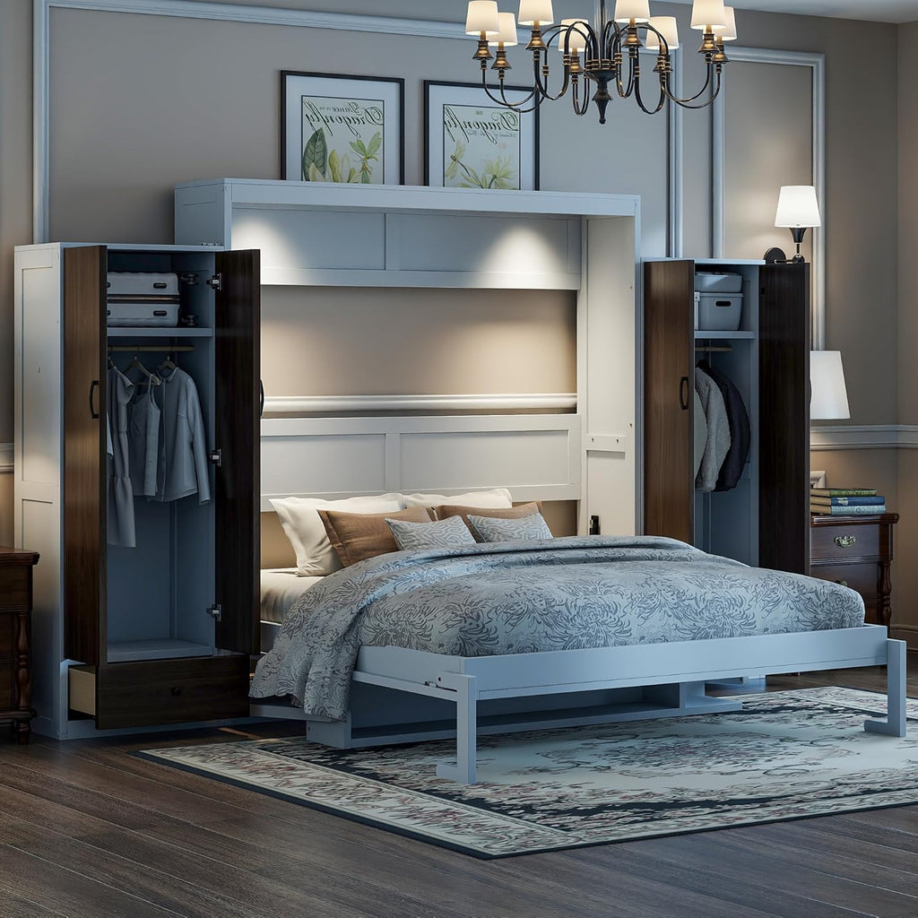 Queen Murphy Bed, Wooden Queen Wall Bed with Closet, Drawers and Desk, White