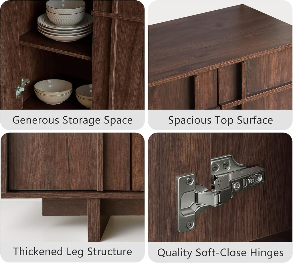 63" Sideboard Buffet Cabinet, Skeleton Lines Design, Walnut | Mid Century Modern Accent Cabinet with Wood Gain