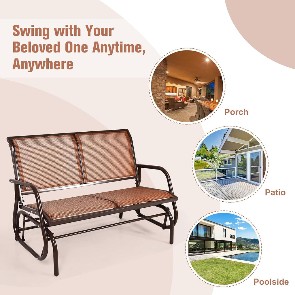 2 Person Patio Glider, Outdoor Swing Bench, Glider Loveseat Chair with Heavy-Duty Steel Frame, Breathable Seat