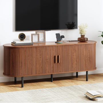 55" TV Stand with Power Outlet, Mid-Century Modern Television Stand, Fluted Media Console with Sliding Doors