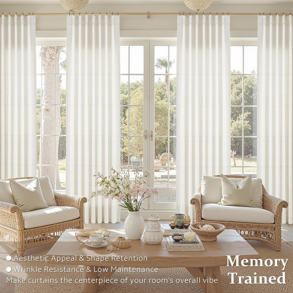 Pinch Pleated Linen Curtains Semi Sheer 2 Panels Natural Cream Curtain for Rustic Farmhouse Back Tab