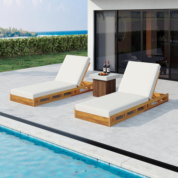 Acacia Wood Chaise Lounge Chair Outdoor Set of 2, Adjustable Backrest Sun Lounger Recliner, Patio Outdoor
