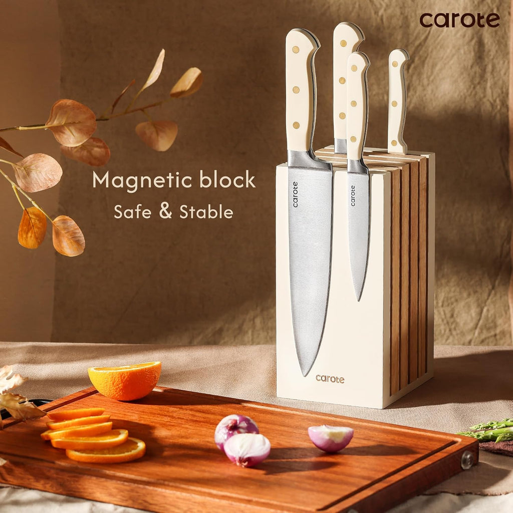 11-Piece Kitchen Knife Set with Magnetic Wood Block, Beige | Razor-Sharp Stainless Steel Knives, Long-Lasting