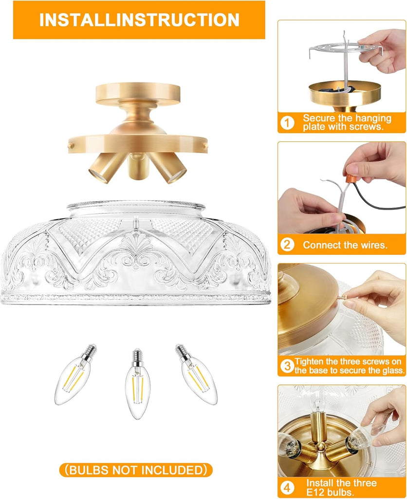 Semi Flush Mount Ceiling Light, 12 Inch Large Gold Ceiling Light Fixture, 3-Light Globe Glass Farmhouse Kitchen
