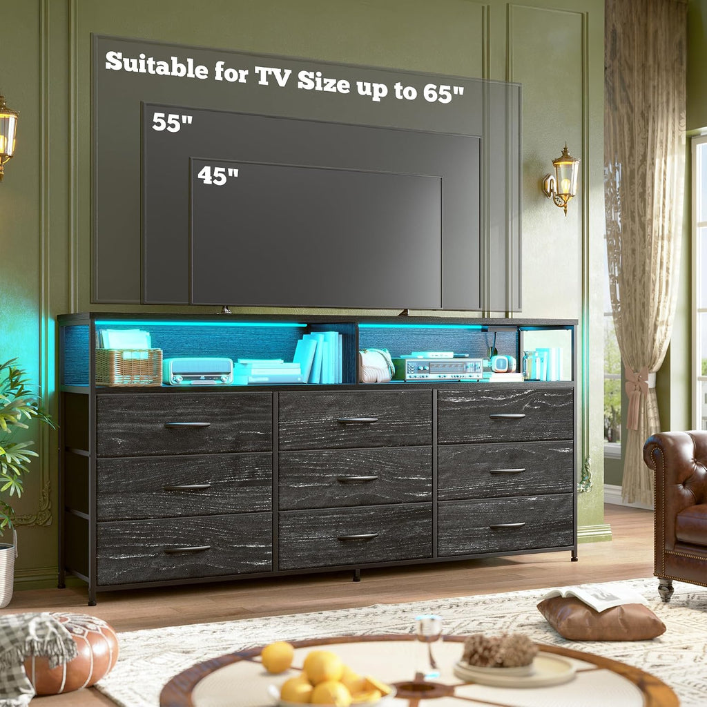 55" W Dresser with 9 Drawers LED, Power Outlets Fits 65" TV | TV Stand for 45, 55, 65 Inch TV Sturdy Long Chest of