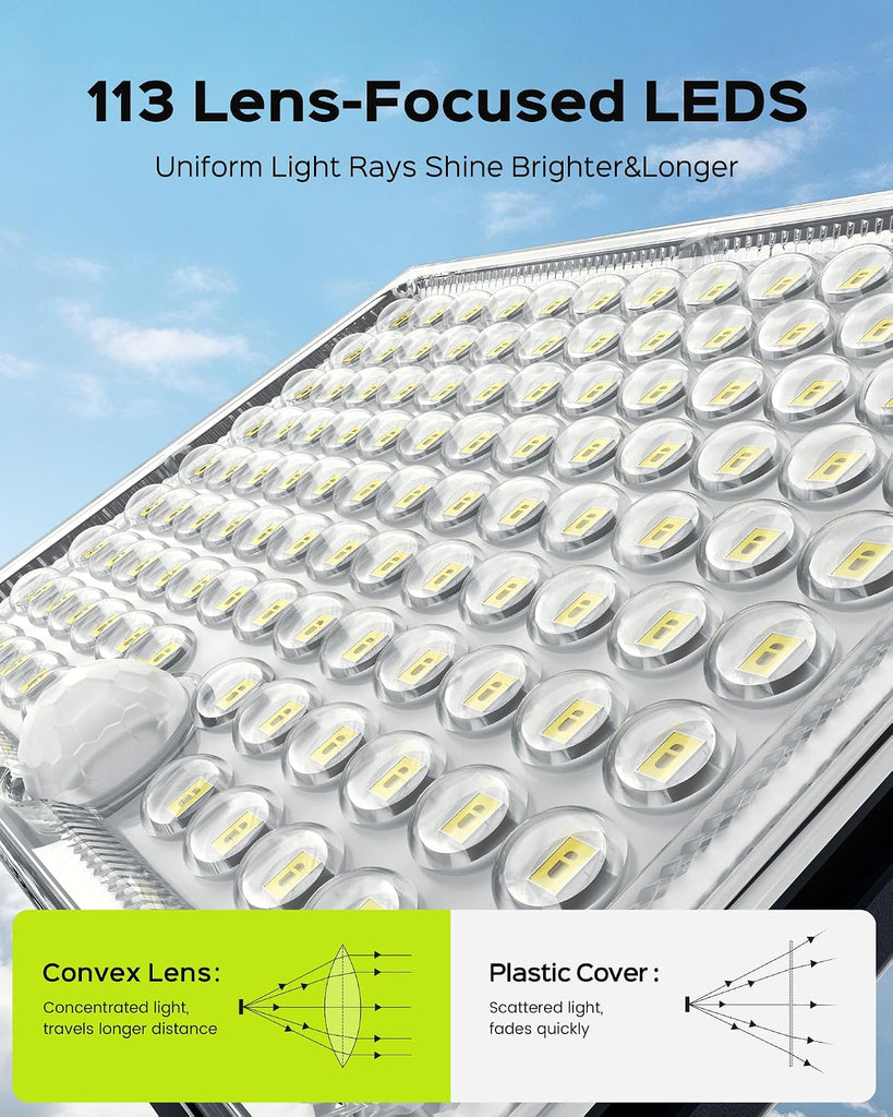 Motion Solar Lights Outdoor, 113 LED Cool White Bright Solar Flood Lights Waterproof, Dusk to Dawn Outdoor Solar