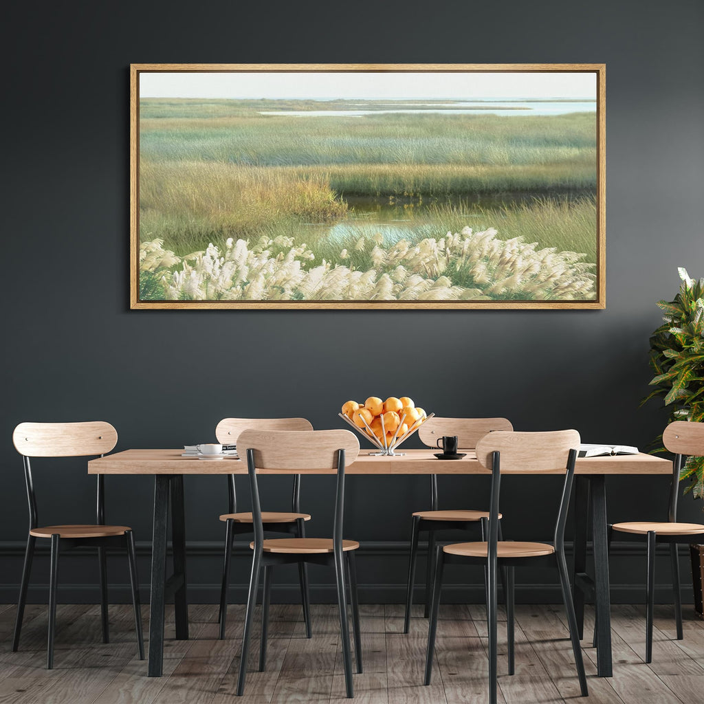 Extra Large Framed Canvas Print Wall Art Tranquil Marshland Soft Pastel Landscape with Golden Reeds and Calm Water