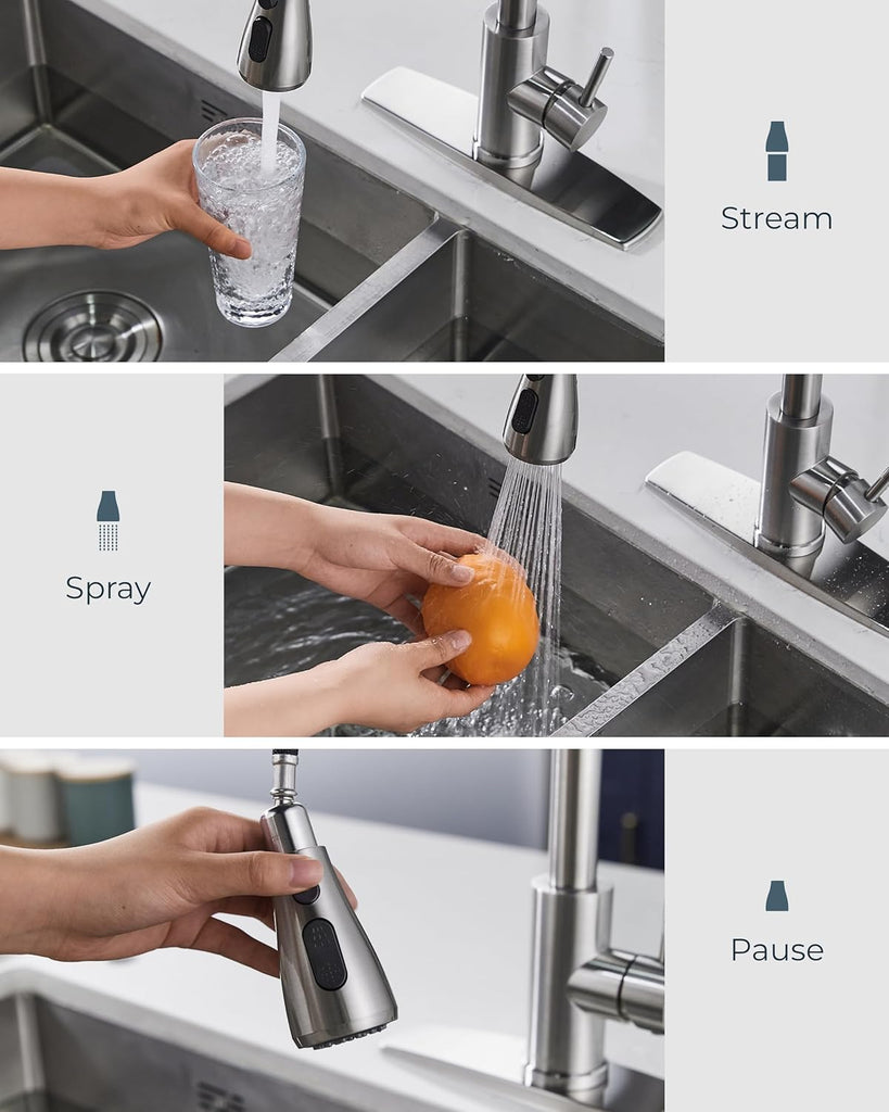 Kitchen Faucets with Pull Down Sprayer, Brushed Nickel High Arc Single Handle Stainless Steel Bar Sink Faucet with Deck Plate for 1 or 3 Hole, Suitable for Farmhouse RV Camper Laundry