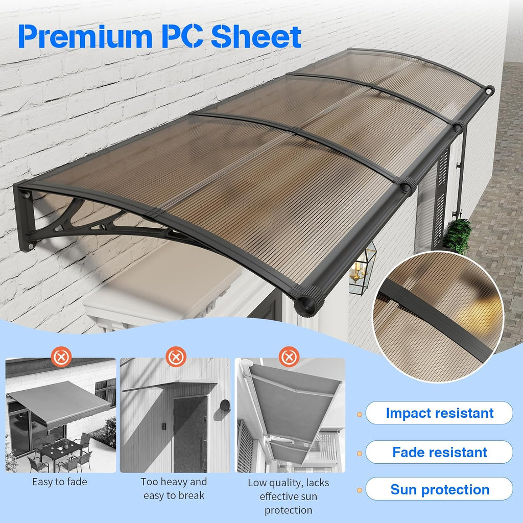 Door Awning 40x60 with Drainage Sink, Leak-Proof Awnings for Doors Exterior, Polycarbonate Front Door Awning for Rain