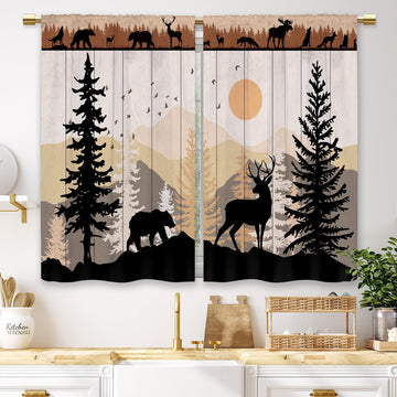 Farmhouse Forest Cab Curtains Rustic Wooden Small Short Cafe Window Curtains Tree Country Deer Bear Rod Pocket