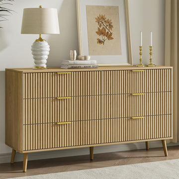 55" Wide Fluted Dresser with 6 Drawer, Modern Chest of Drawers with Curved Profile Design and Metal Handles, Wood