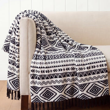 Boho Throw Blanket with Tassel, Farmhouse Western Flannel Bohemian Blanket, Vintage Native Mexican Decorative Throw