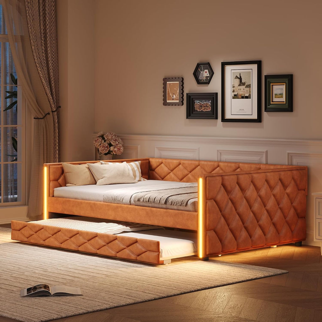 Full XL Size Upholstered Daybed with Pop Up Trundle, Multi-Functional PU Leather Sofa Bed with Backrest and Two