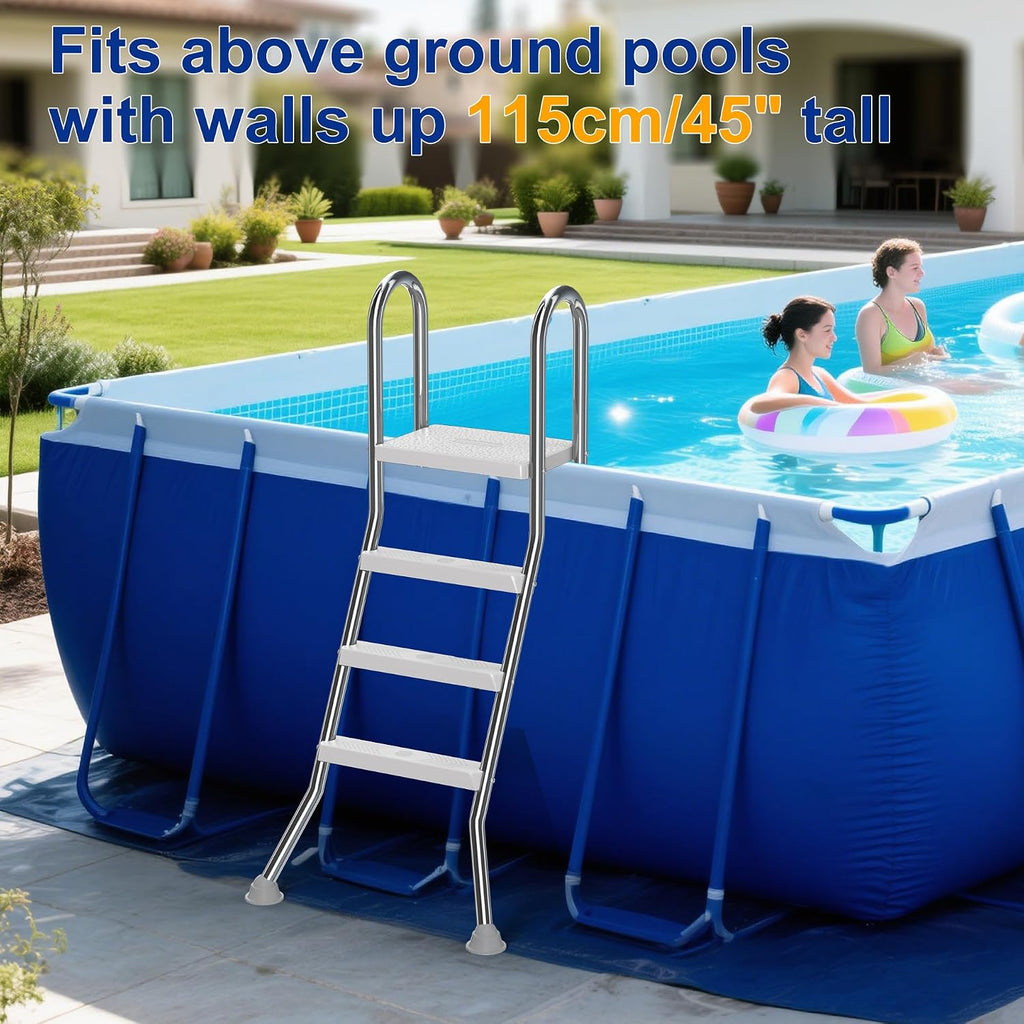 Above Ground Pool Ladder, 304 Stainless Steel A-Frame Pool Ladder with Top Platform, Non-Slip 3-Step Treads