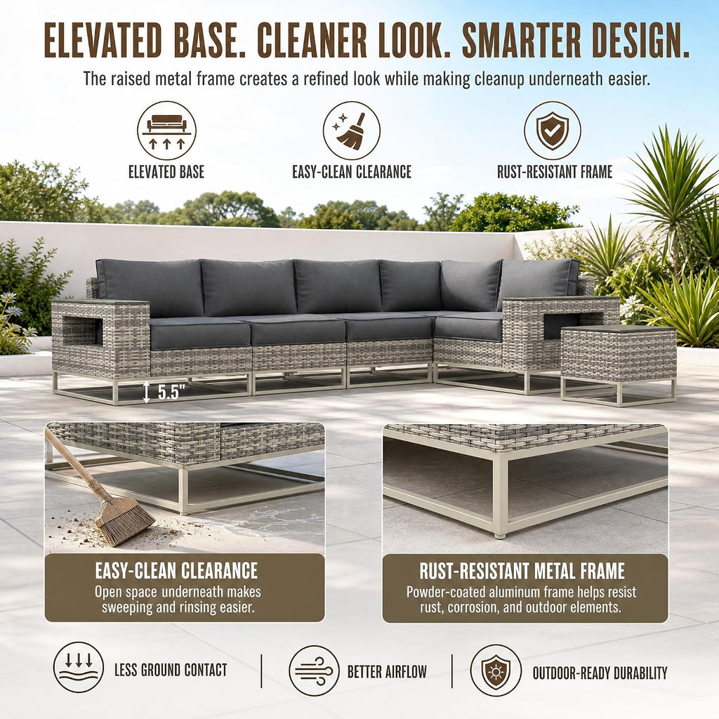 6-Piece Outdoor Patio Furniture Set, Modern PE Wicker Outdoor Sectional Sofa with Storage Armrests & 5.5" Thick