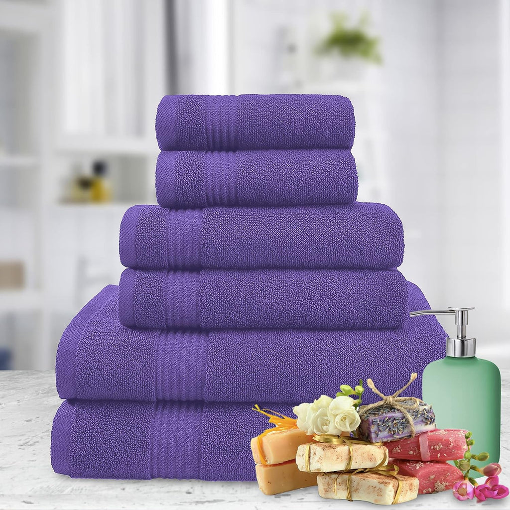 6 Piece Towel Set , 100% Cotton Turkish Bathroom Towels, 2 Bath Towels 2 Hand Towels 2 Washcloths, Purple