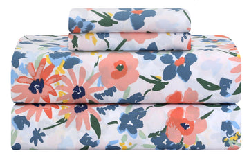 & Stitch 100% Cotton Percale 300 Thread Count Queen 4 Pc Sheet Set