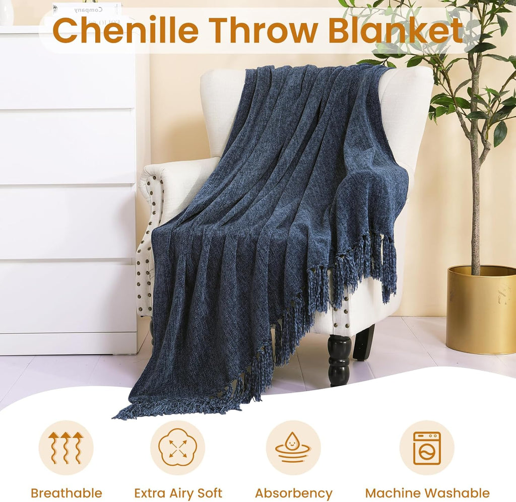Navy Chenille Throw Blanket, Decorative Blanket,Navy 50" x 60"