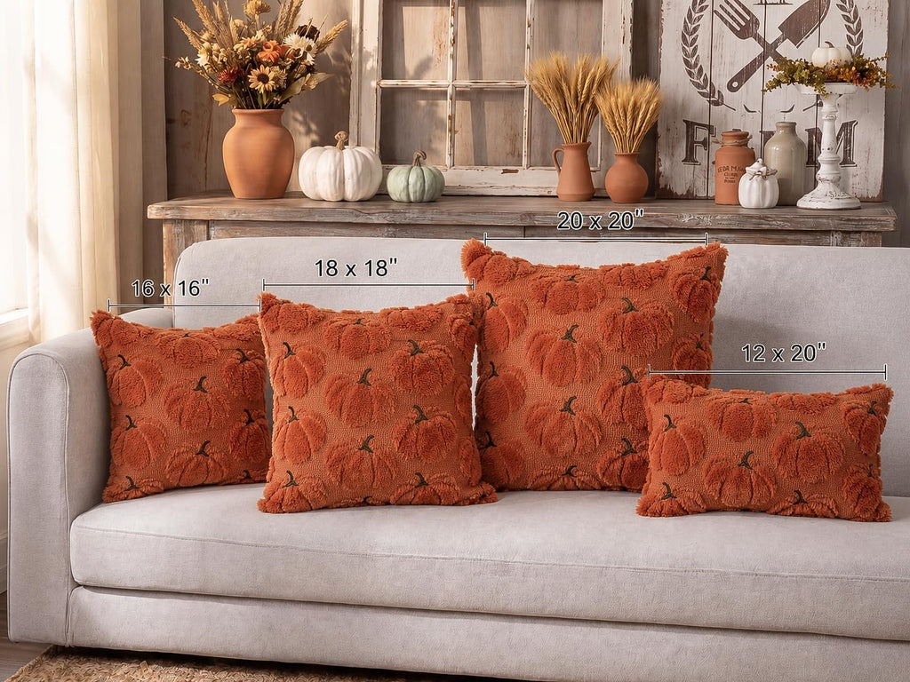 Fall Pumpkins Decorative Pillow Covers 20x20 Set of 2, Dark Rust Red Soft Plush Faux Fur Wool Farmhouse Throw Cushion