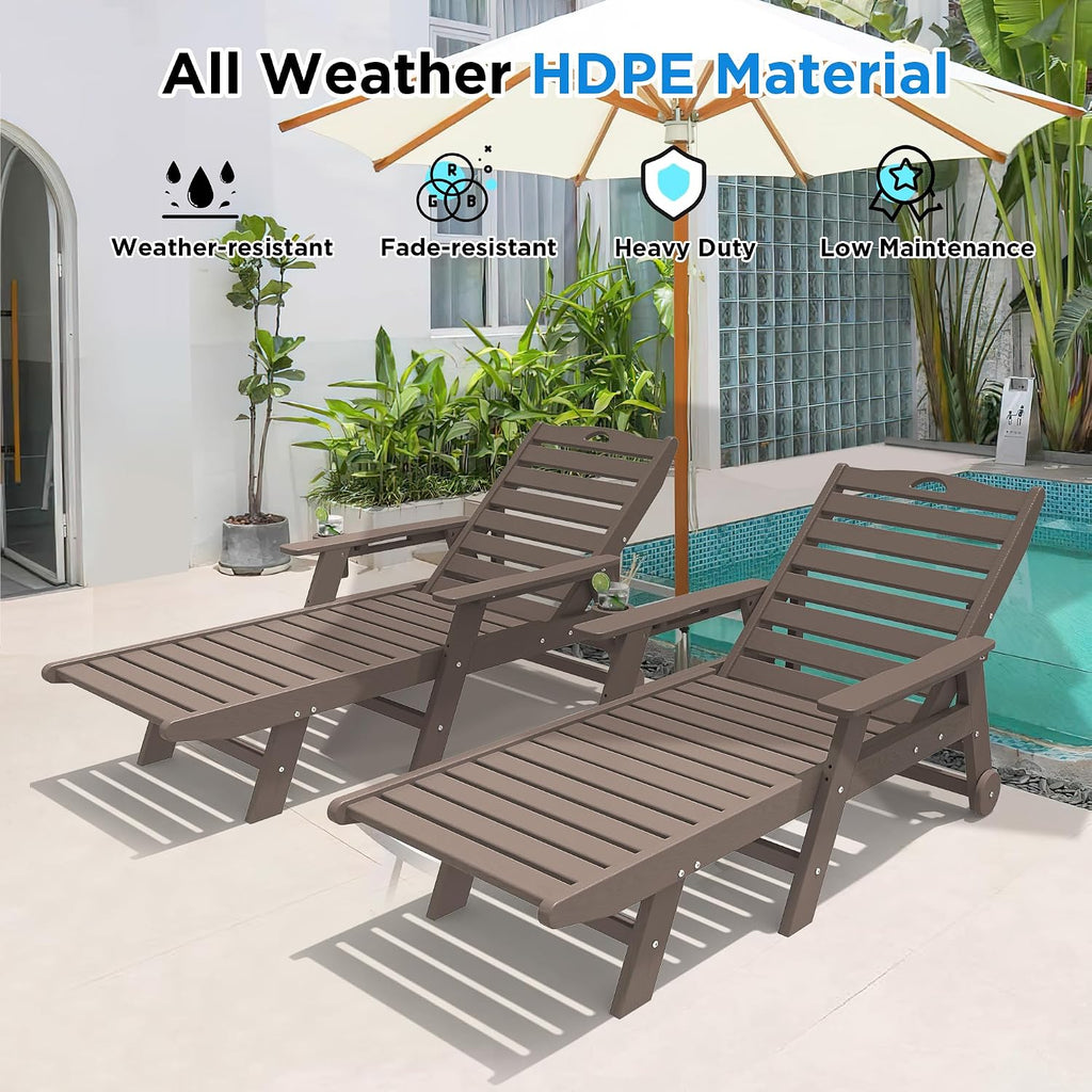 Outdoor Chaise Lounge Chair Set of 2 with Wheels & Cup Holder, HDPE Pool Lounge Chairs with 5-Position Adjustable