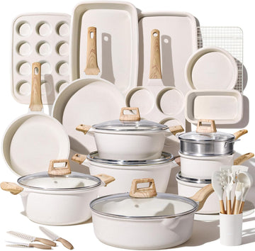 44pcs Pots and Pans, Nonstick Cookware Sets with Bakeware | Induction Cooking Set with Kitchen Knife Set & Egg Pan