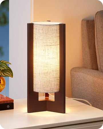 Wood Table Lamp, 13.5" Small Bedside Lamp, Rosewood, E26 Base