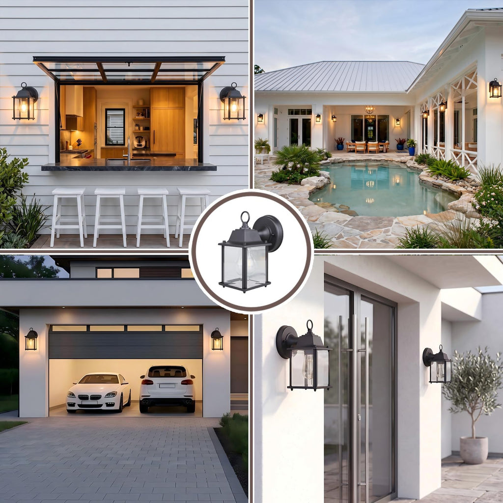 8.2" Outdoor Porch Light E26 Aluminum Glass Black, 2 Pack