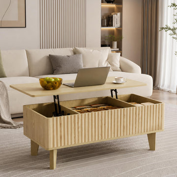 Rectangular Coffee Table with Lifting Top, Mid Century Modern Living Room Center Table, Wood Fluted Coffee Table, Oak