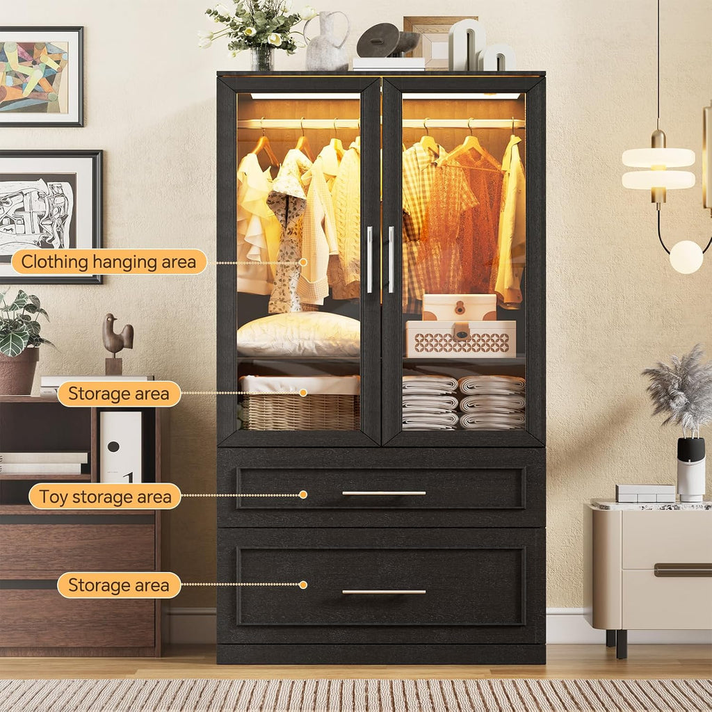 Armoire Wardrobe Closet with Glass Door and Drawers, Bedroom Closet Wardrobe Cabinet with Hanging Rod, Lighted