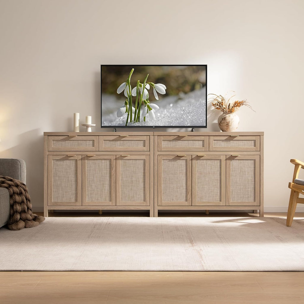 Rattan Sideboard Buffet Cabinet with Storage, Boho Credenza Accent Cabinet with 3 Doors and 2 Drawers