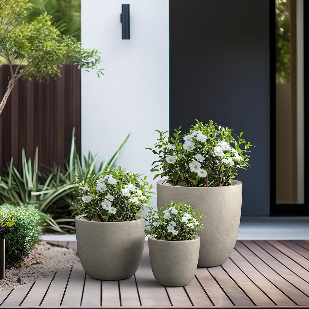 Set of 3 Weathered Concrete Bowl Planters 18" 14" 18" Dia | Drainage for Outdoor, Rubber Plug for Indoor Home