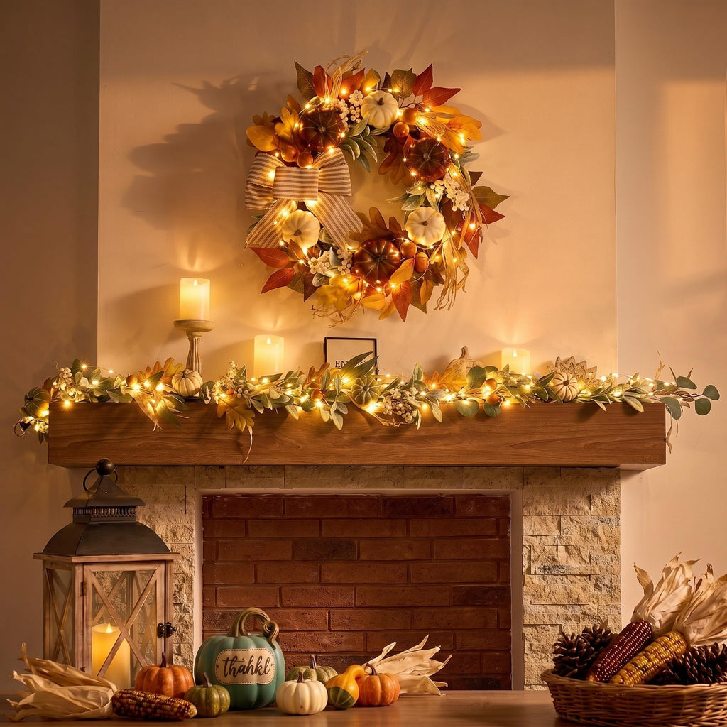 20'' Fall Wreaths for Front Door with LED Lights
