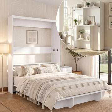 Queen Wall Murphy Bed with Storage Shelf, Queen Wall Beds Cabinet Murphy Beds with Bookshelf, Top Cabinet Bedframe