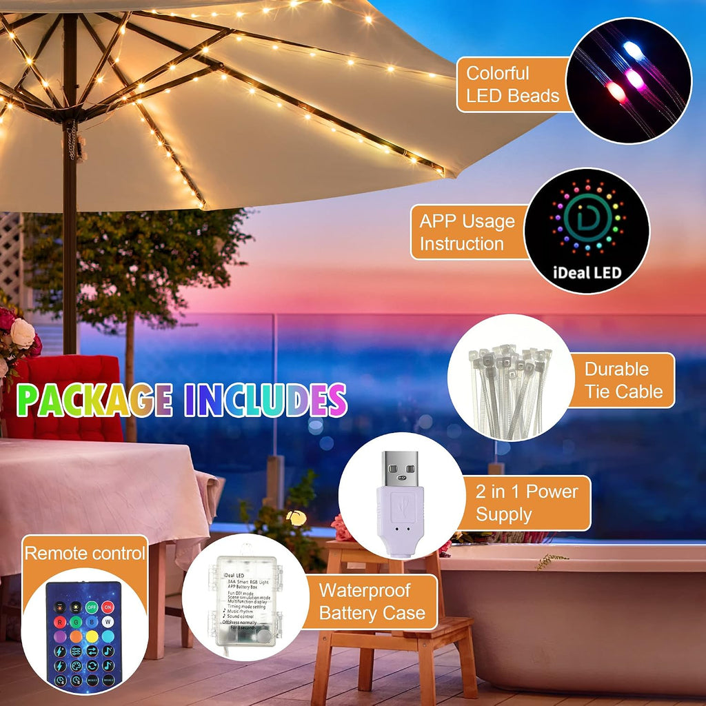 Patio Umbrella Lights, 104 Bright LEDs DIY Colors USB Battery Powered Waterproof Outdoor Umbrella Lights with APP