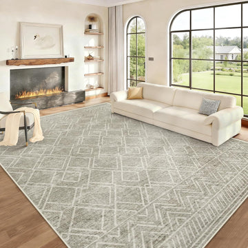 Area Rugs 9x12 Living Room Rug: Washable Geometric Moroccan Neutral Rugs Boho Modern Non Slip Area R