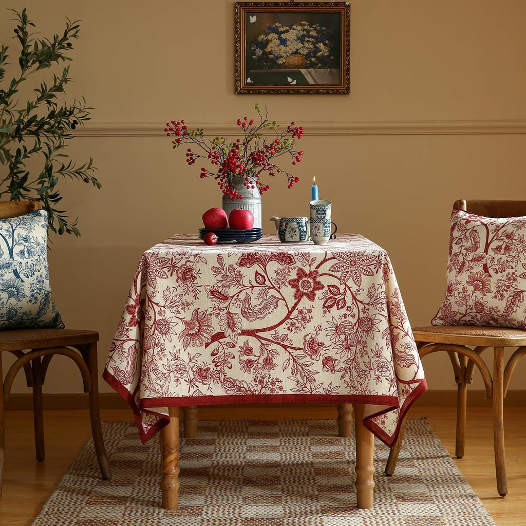 Designer French Linen Table Cloth for Rectangle Table,Red Floral Washable Indoor Tablecloth,Durable 
