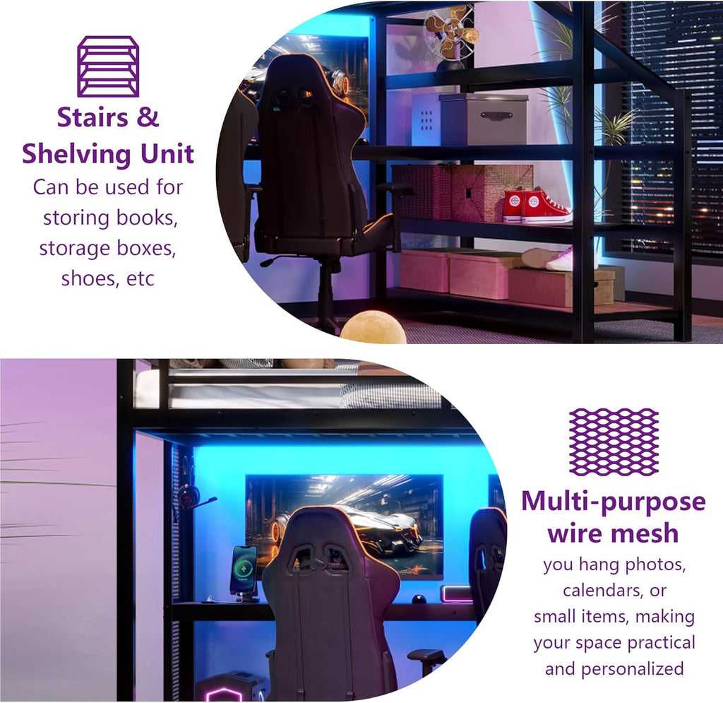 Full Loft Bed with Desk & Storage Stairs, Metal Full Loft Bed Frame with Iron Nets, LED Lights & USB Ports